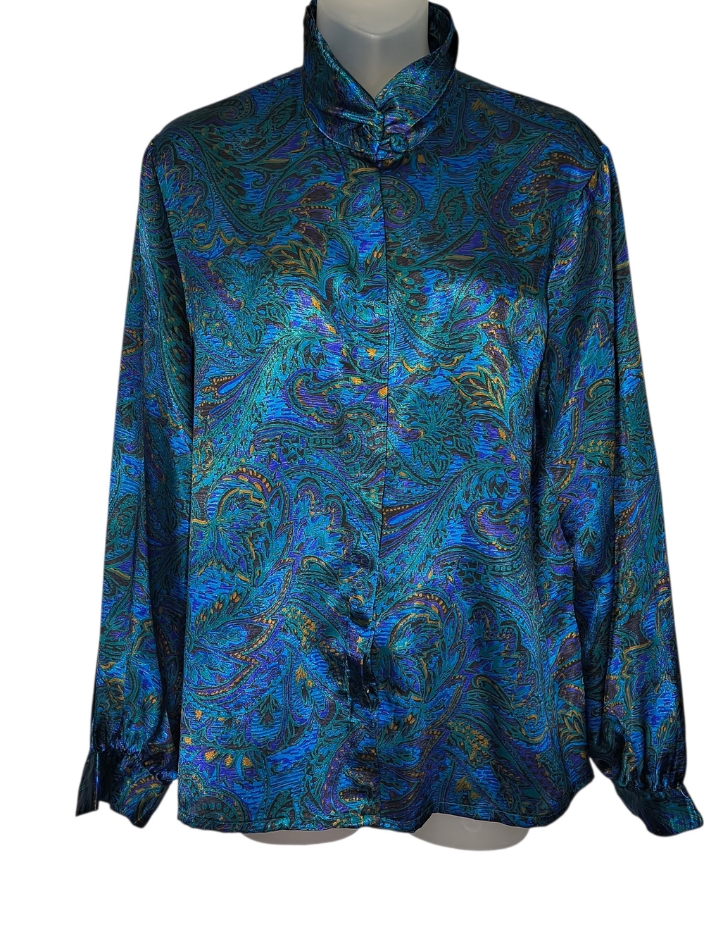 Vintage Christie & Jill Blue Paisley Satin Blouse Mock Neck Secretary Top 10